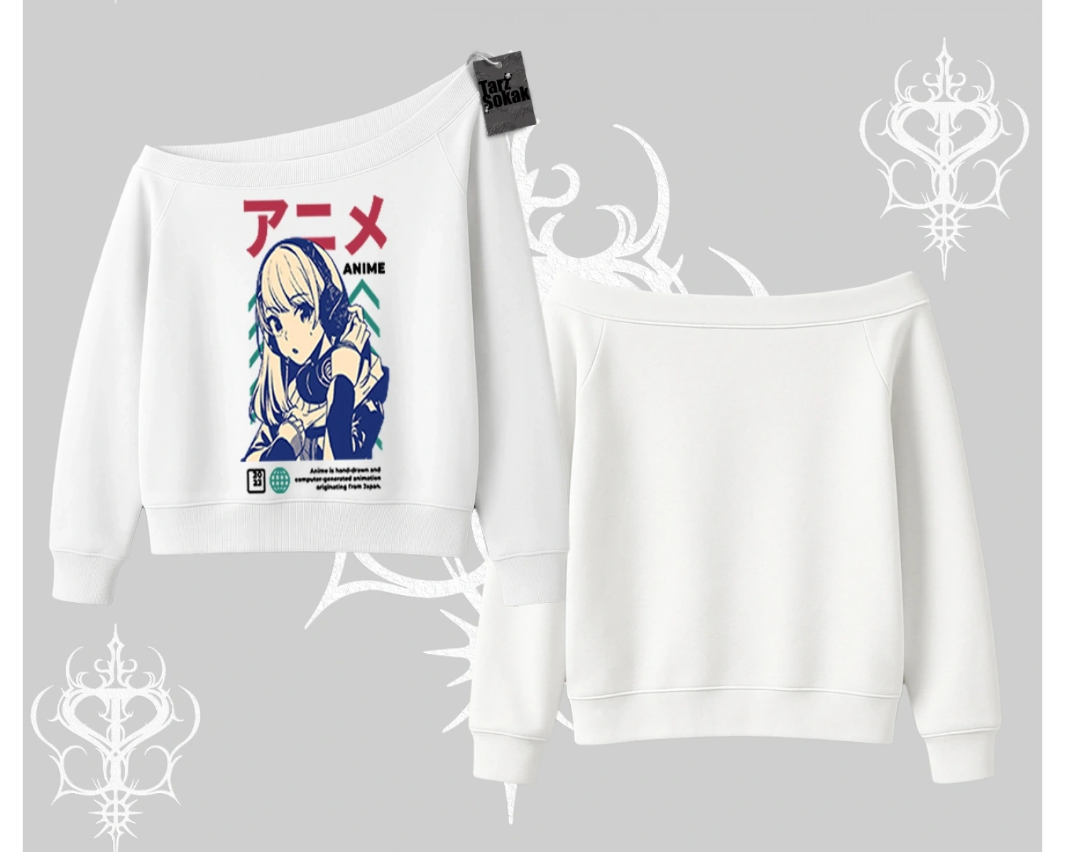 Kayık Yaka Sweatshirt Anime Kız Desenli Japon Tarzı