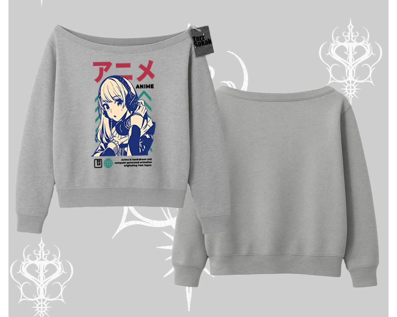 Kayık Yaka Sweatshirt Anime Kız Desenli Japon Tarzı