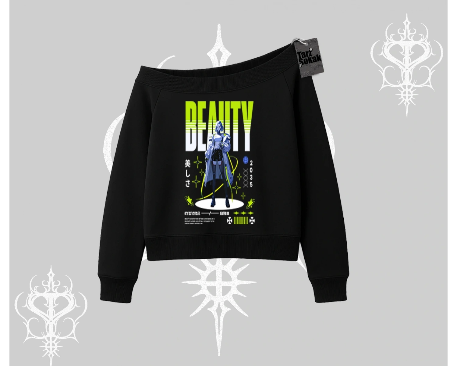 Kayık Yaka Sweatshirt Anime Unity Neon Detaylı Grafik Baskılı