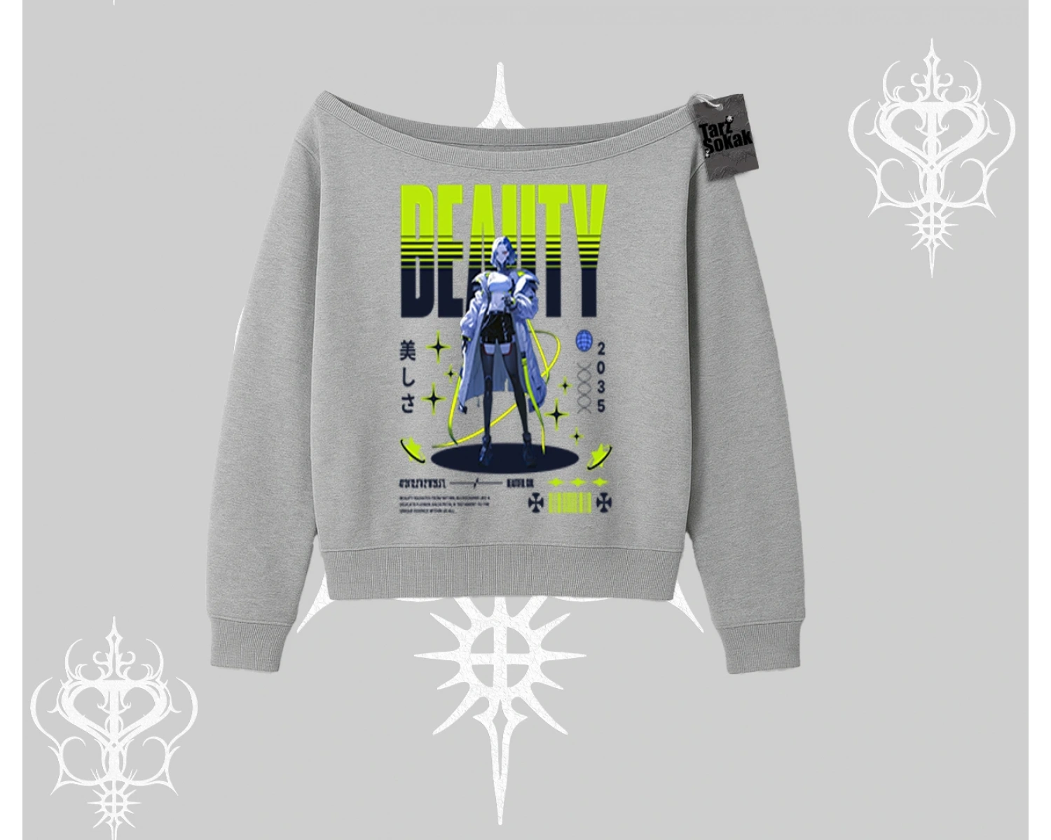Kayık Yaka Sweatshirt Anime Unity Neon Detaylı Grafik Baskılı