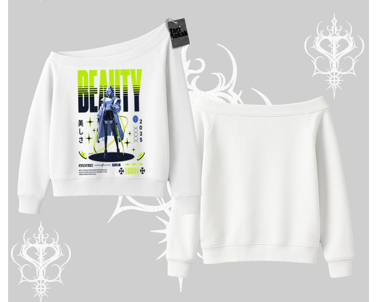 Kayık Yaka Sweatshirt Anime Unity Neon Detaylı Grafik Baskılı