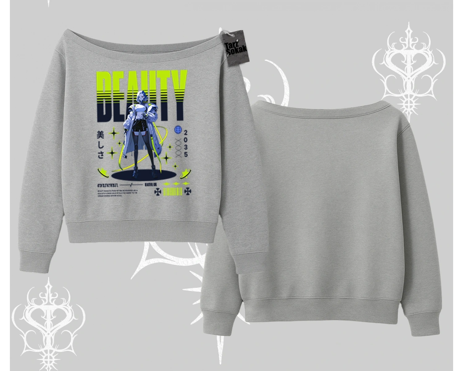 Kayık Yaka Sweatshirt Anime Unity Neon Detaylı Grafik Baskılı