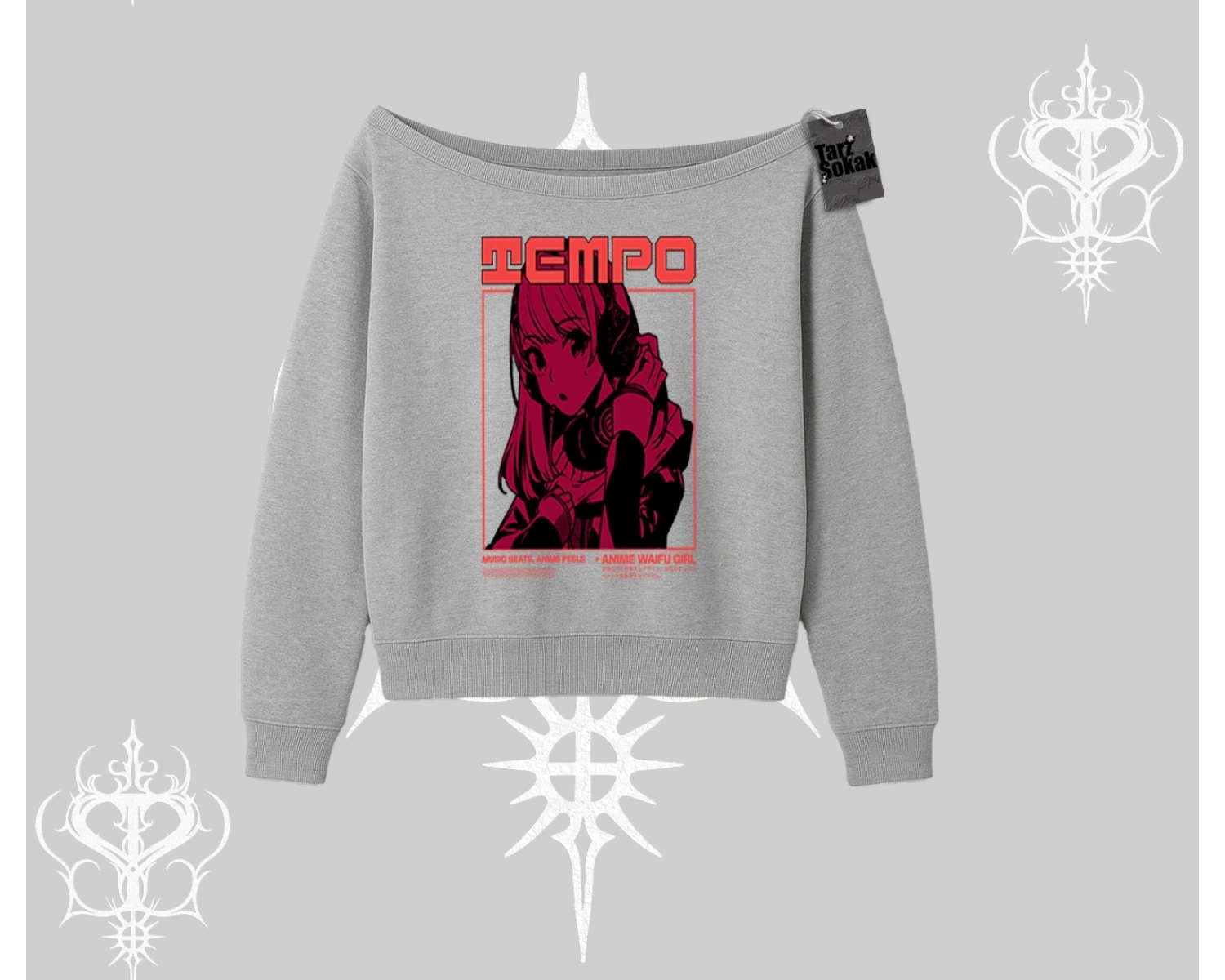 Kayık Yaka Sweatshirt Anime Waifu Kırmızı Grafik Desenli