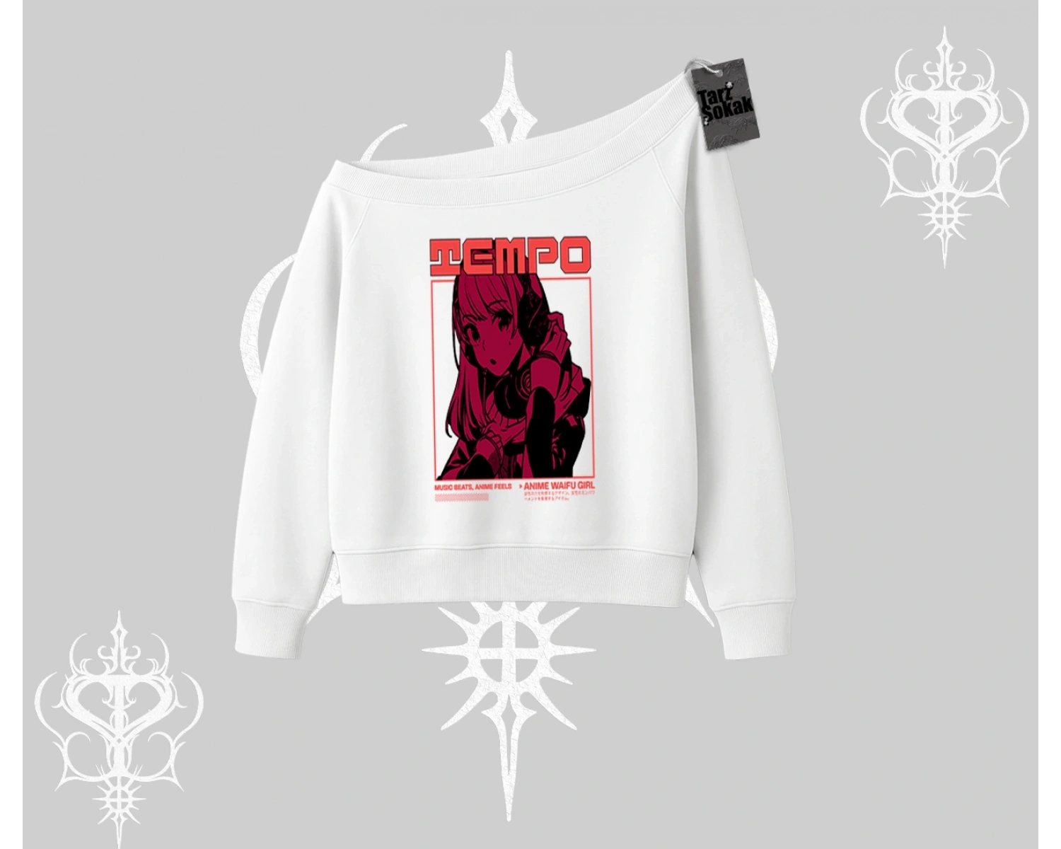 Kayık Yaka Sweatshirt Anime Waifu Kırmızı Grafik Desenli