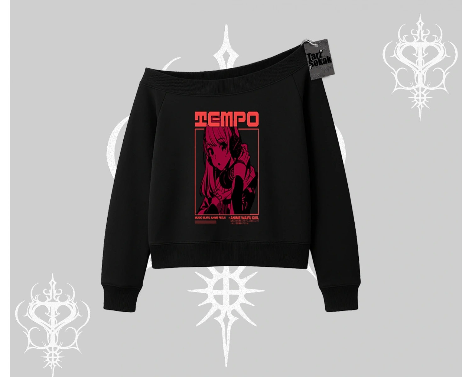 Kayık Yaka Sweatshirt Anime Waifu Kırmızı Grafik Desenli