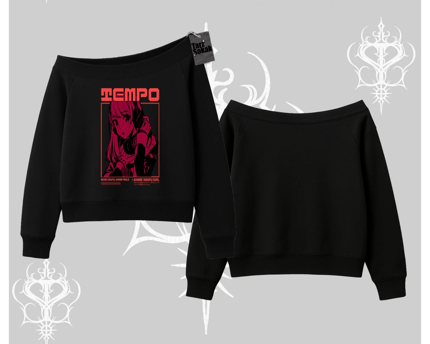 Kayık Yaka Sweatshirt Anime Waifu Kırmızı Grafik Desenli