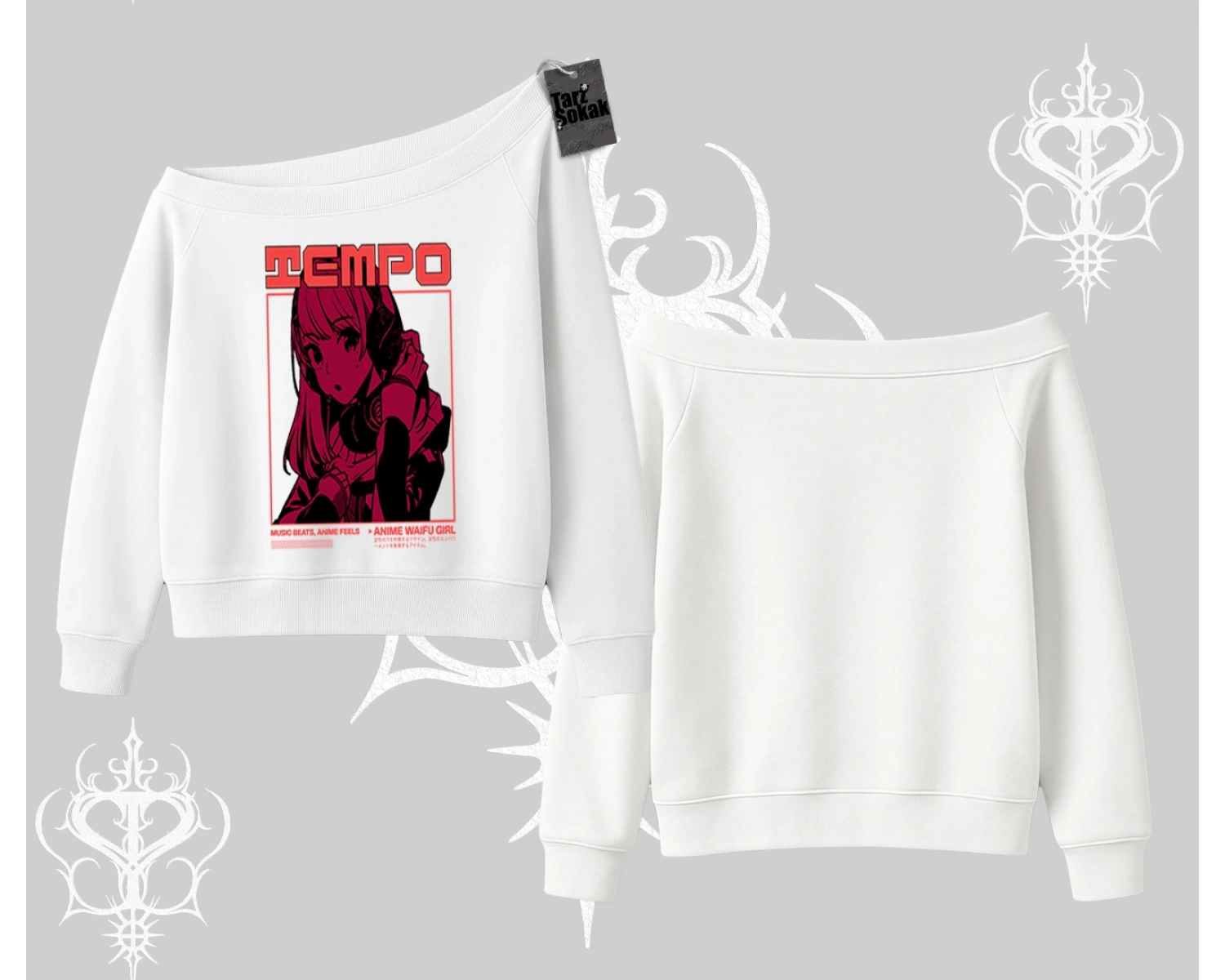 Kayık Yaka Sweatshirt Anime Waifu Kırmızı Grafik Desenli