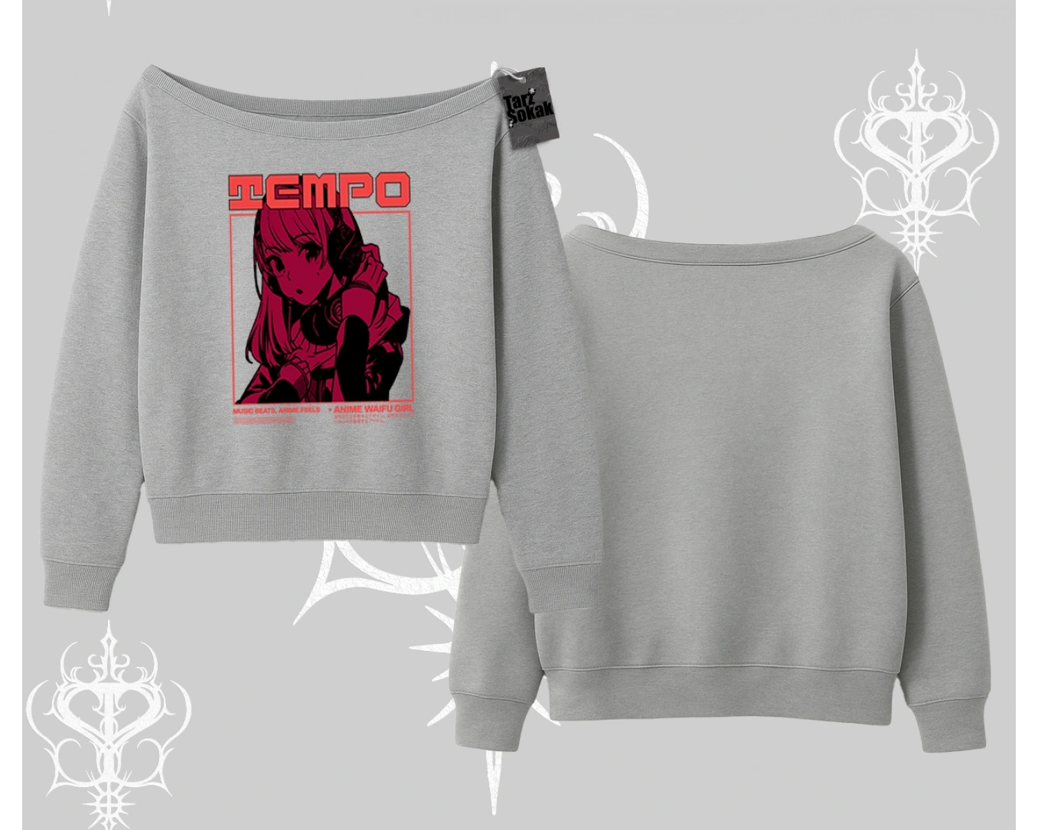 Kayık Yaka Sweatshirt Anime Waifu Kırmızı Grafik Desenli