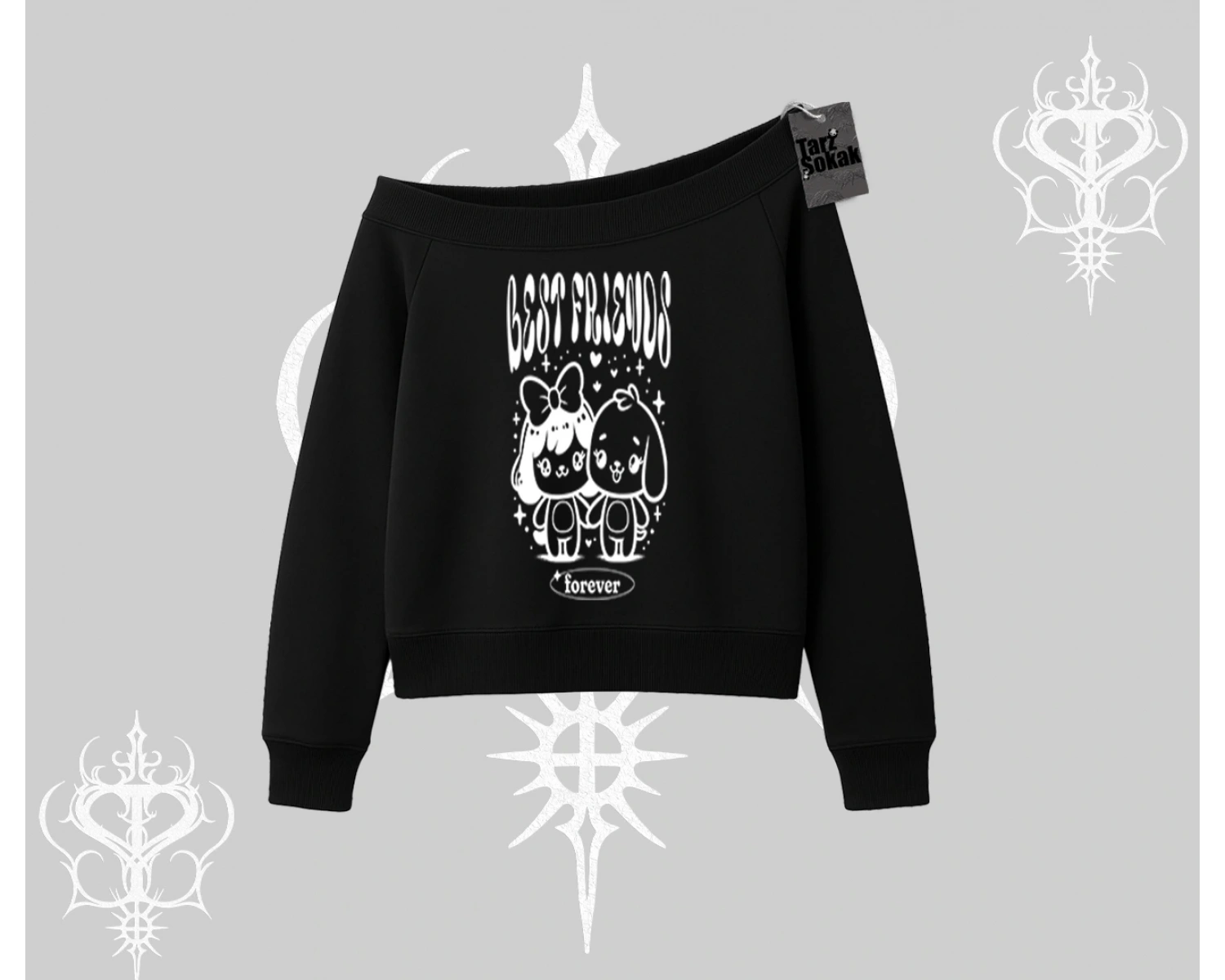 Kayık Yaka Sweatshirt Best Friends Forever Baskılı Sevimli Tasarım