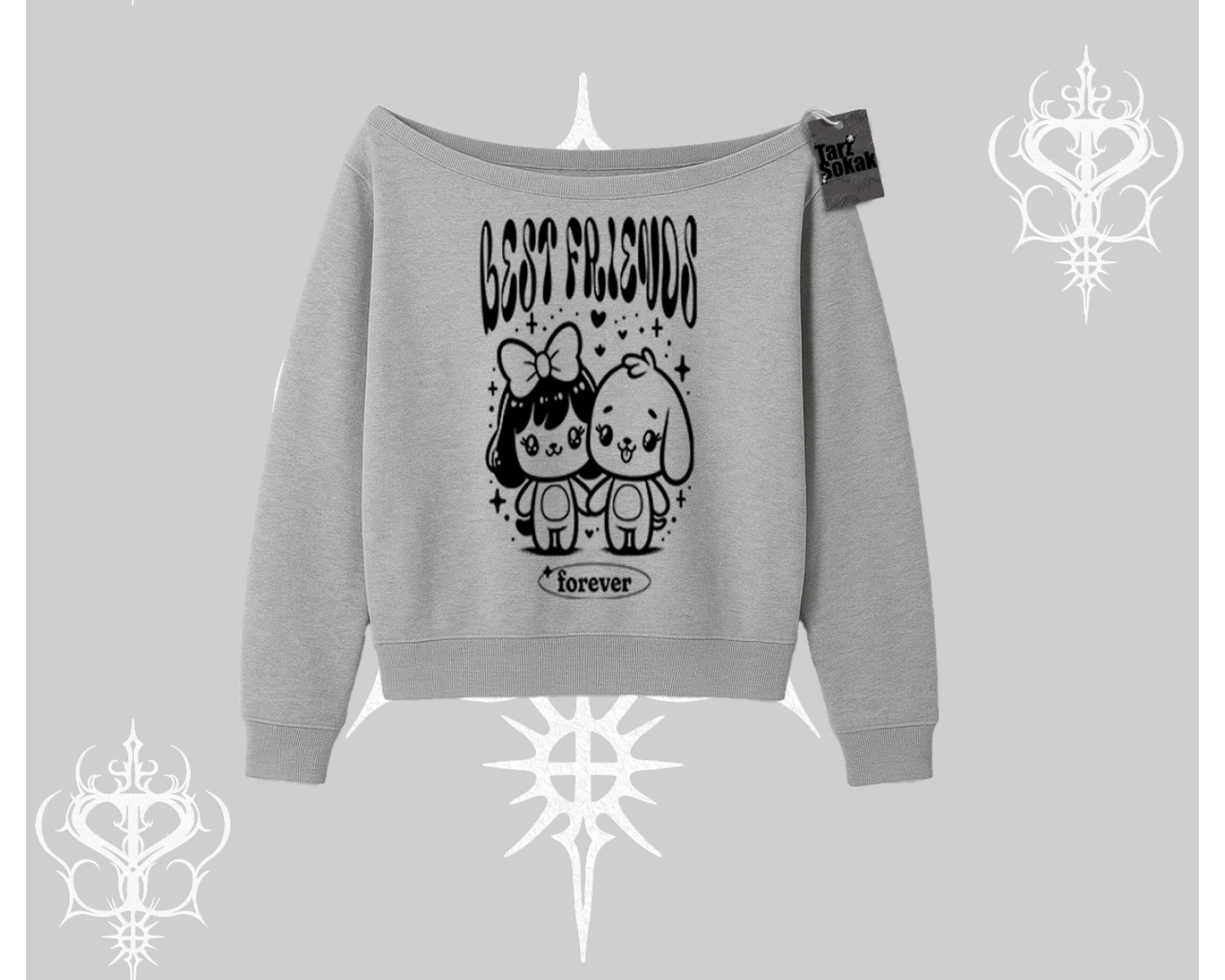 Kayık Yaka Sweatshirt Best Friends Forever Baskılı Sevimli Tasarım