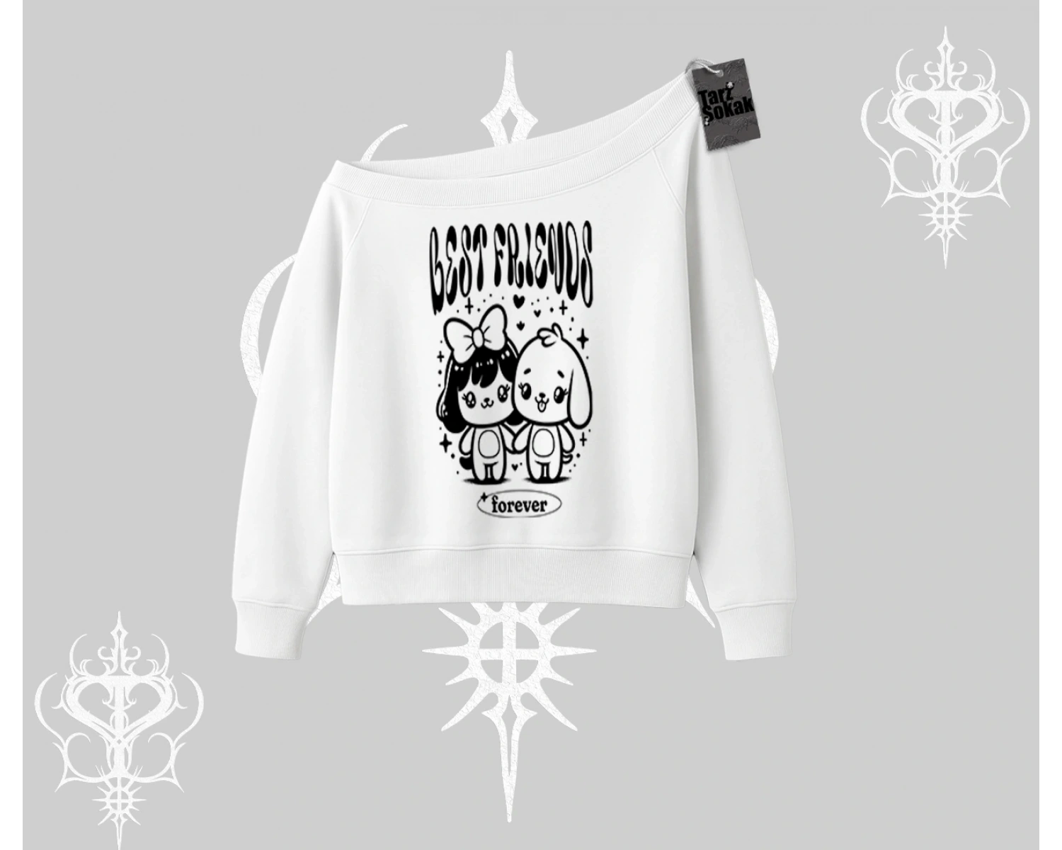 Kayık Yaka Sweatshirt Best Friends Forever Baskılı Sevimli Tasarım