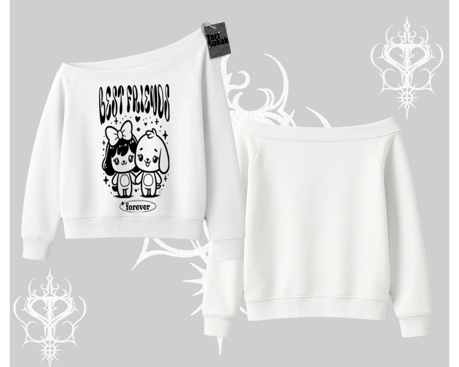 Kayık Yaka Sweatshirt Best Friends Forever Baskılı Sevimli Tasarım