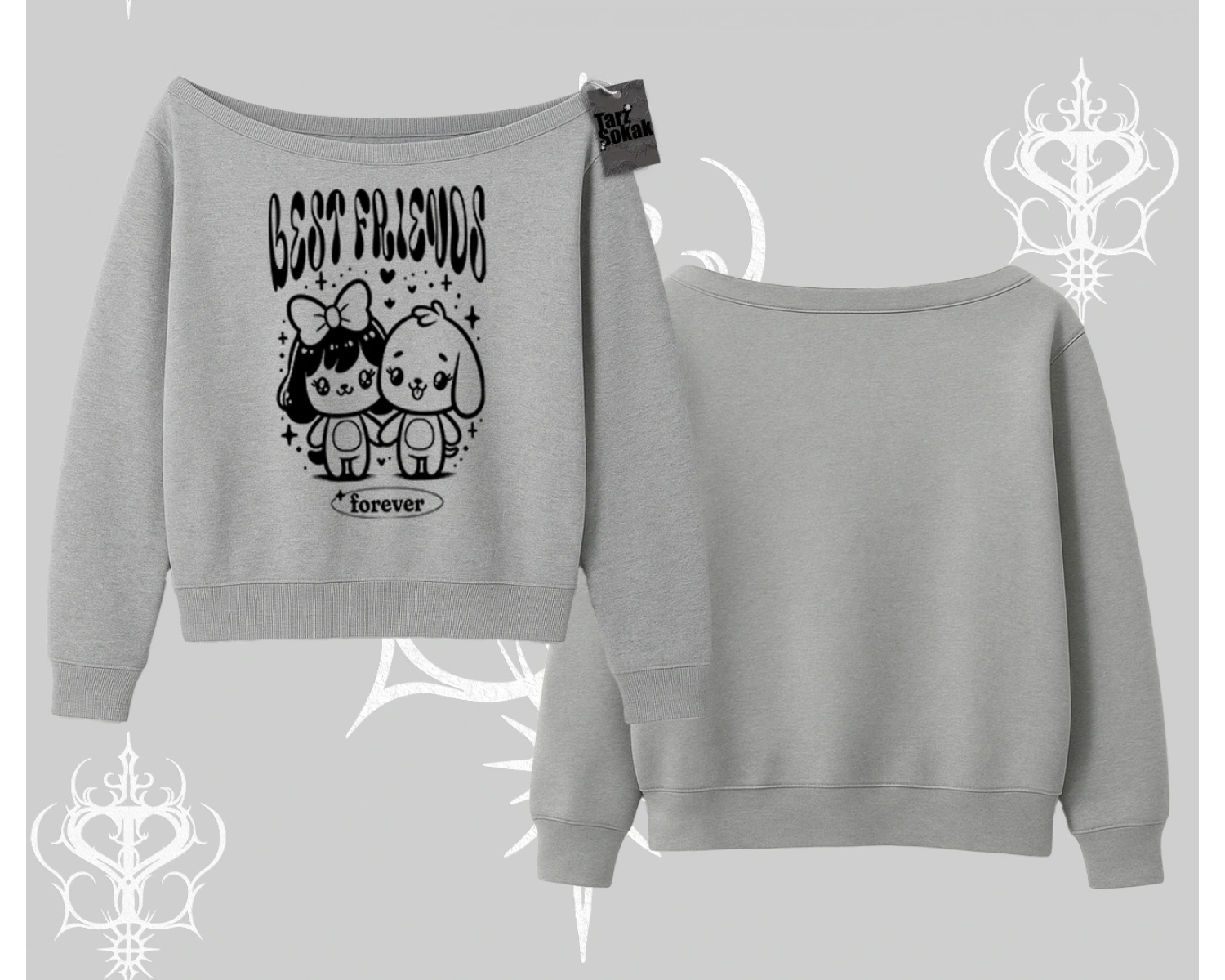 Kayık Yaka Sweatshirt Best Friends Forever Baskılı Sevimli Tasarım