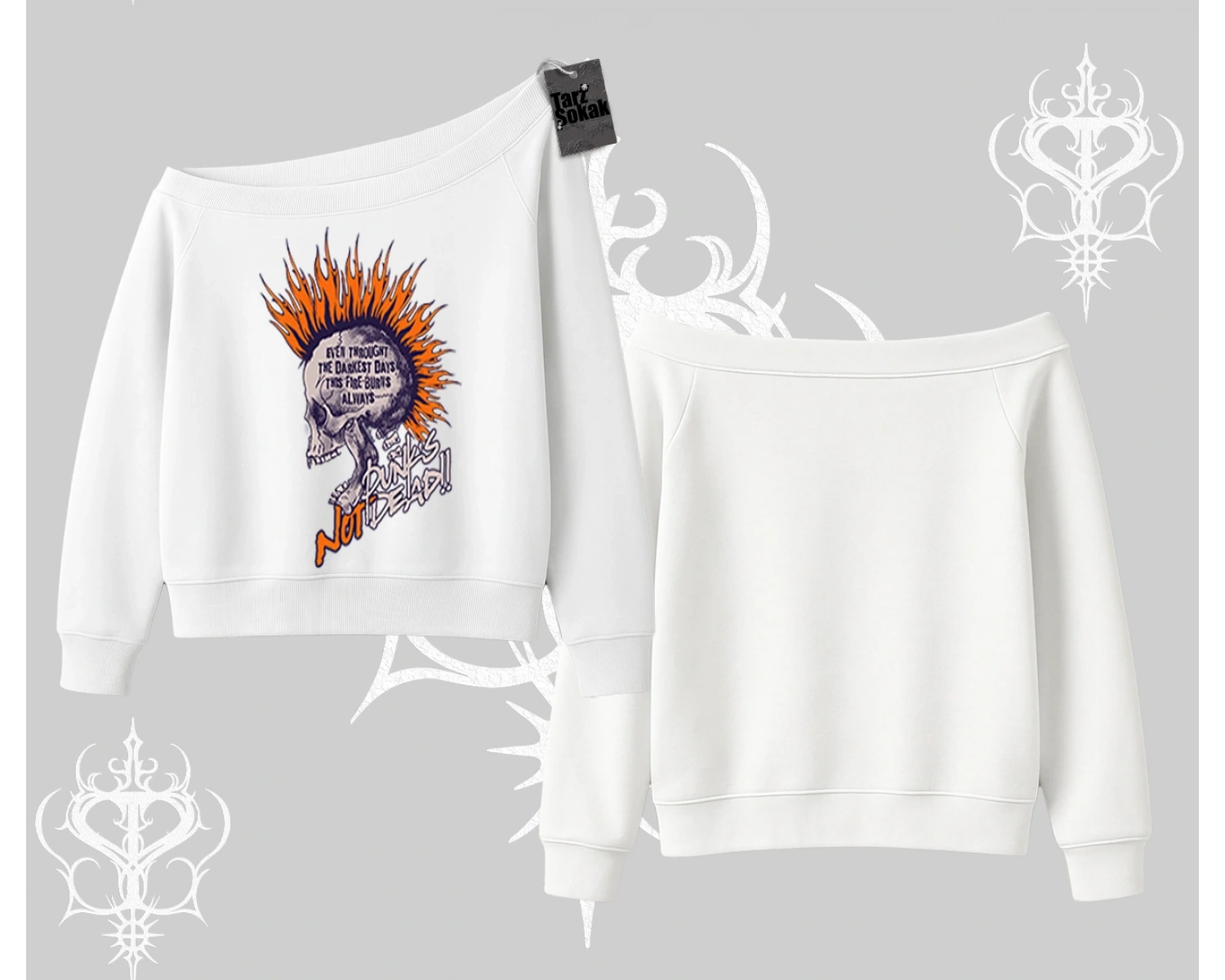 Kayık Yaka Sweatshirt Burning Skull Rebel Street Anthem