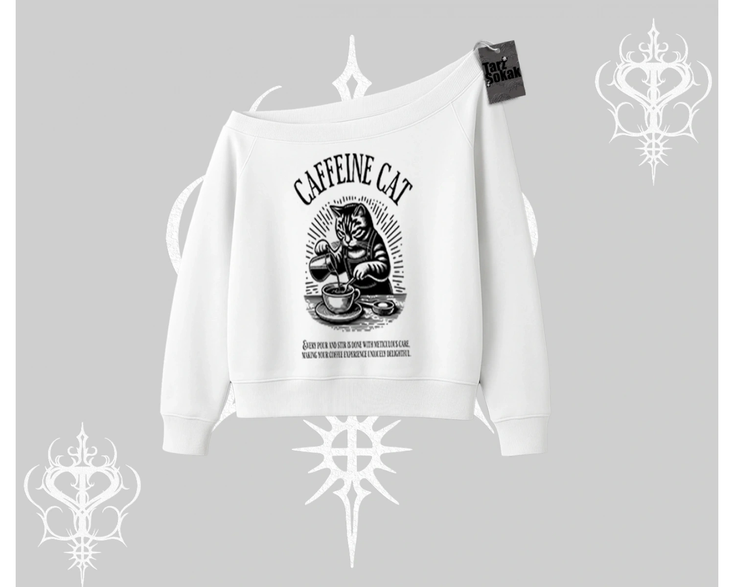 Kayık Yaka Sweatshirt Caffeine Cat Kahve Temalı Kedi Baskılı