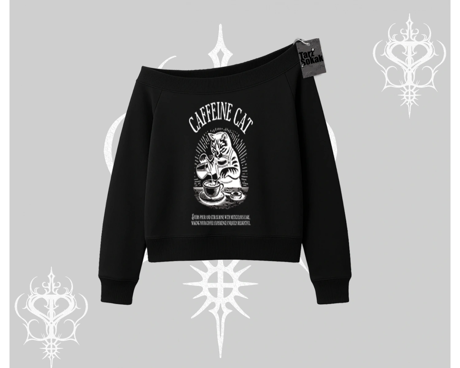 Kayık Yaka Sweatshirt Caffeine Cat Kahve Temalı Kedi Baskılı