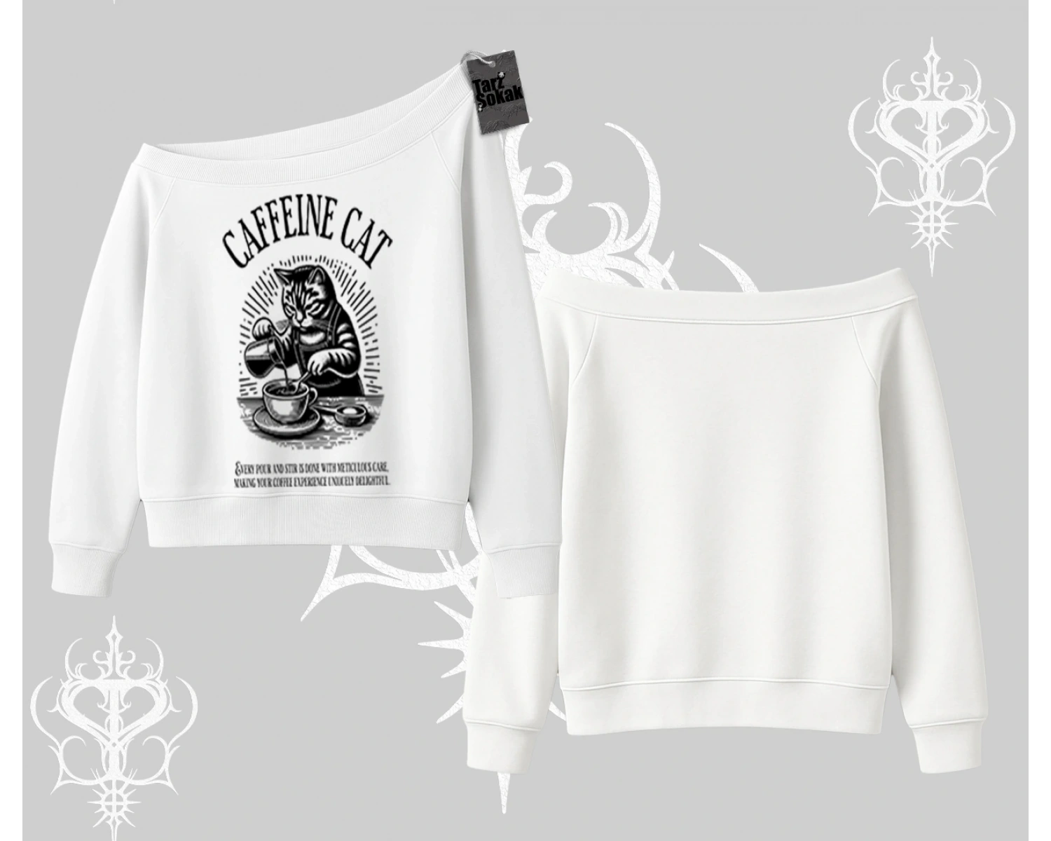 Kayık Yaka Sweatshirt Caffeine Cat Kahve Temalı Kedi Baskılı