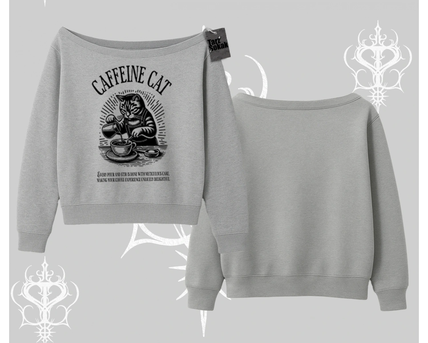 Kayık Yaka Sweatshirt Caffeine Cat Kahve Temalı Kedi Baskılı