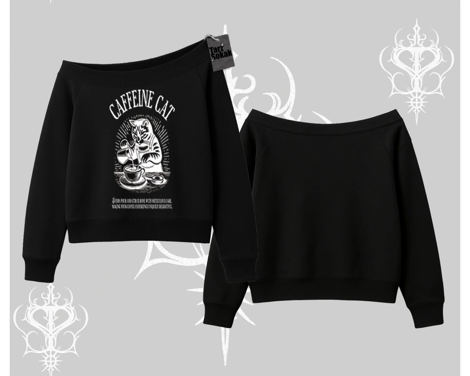 Kayık Yaka Sweatshirt Caffeine Cat Kahve Temalı Kedi Baskılı