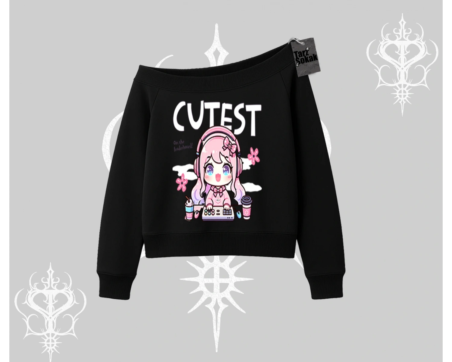 Kayık Yaka Sweatshirt Cute Anime Gamer Girl Baskılı