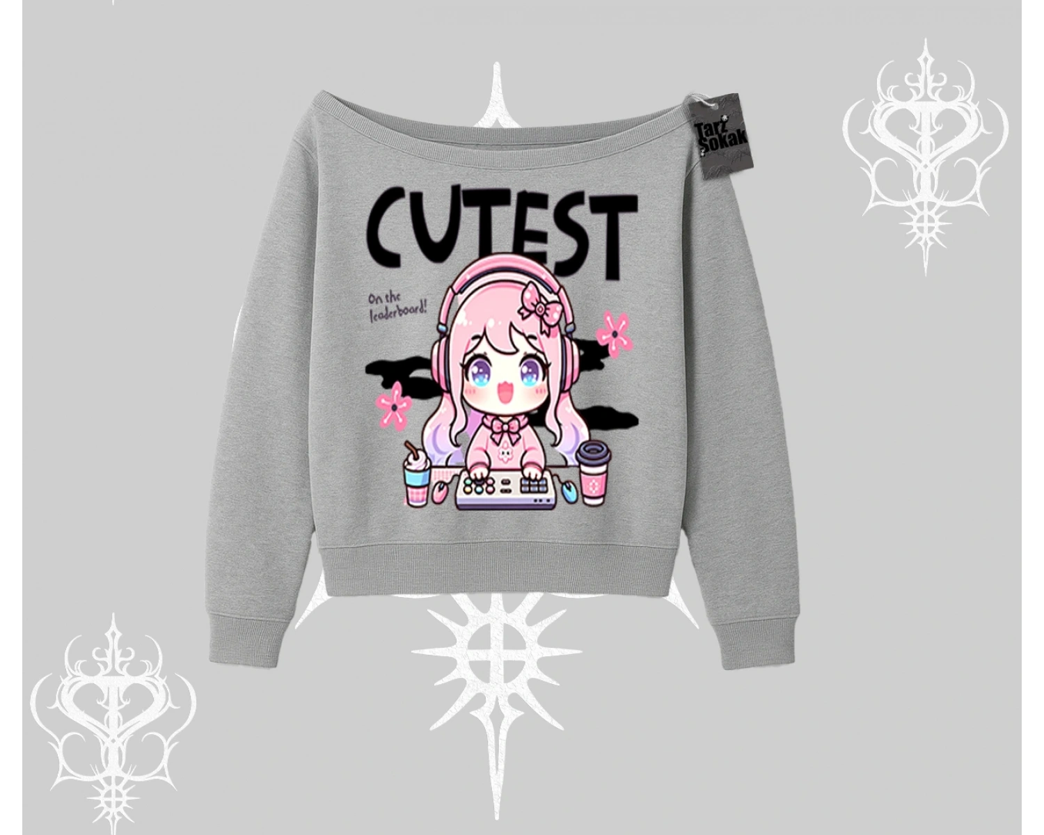 Kayık Yaka Sweatshirt Cute Anime Gamer Girl Baskılı