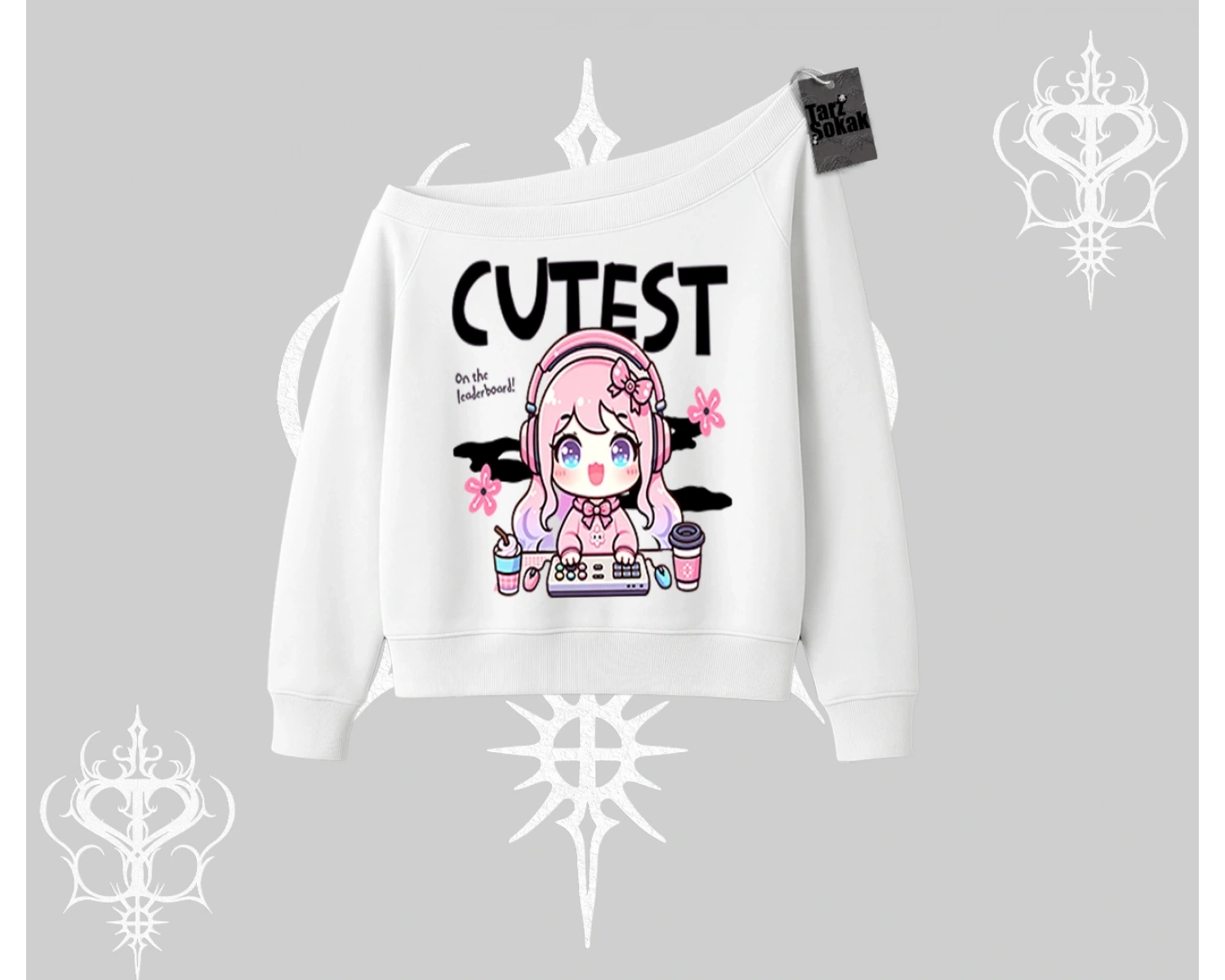 Kayık Yaka Sweatshirt Cute Anime Gamer Girl Baskılı