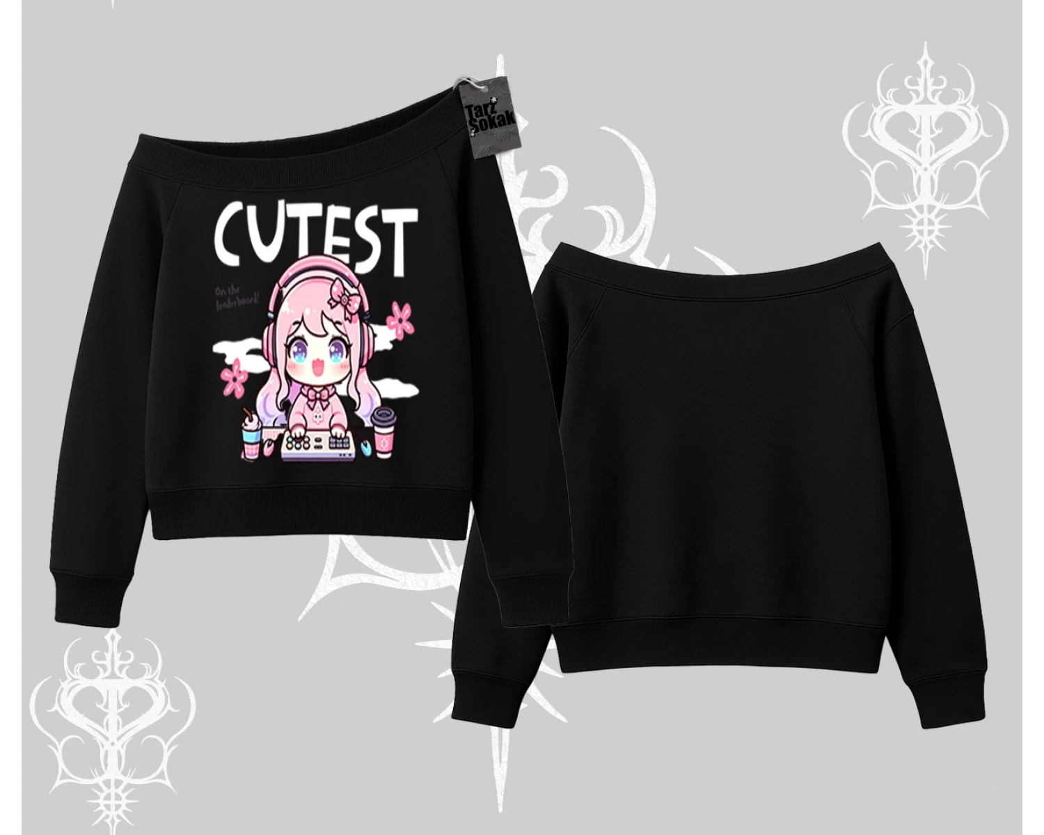 Kayık Yaka Sweatshirt Cute Anime Gamer Girl Baskılı