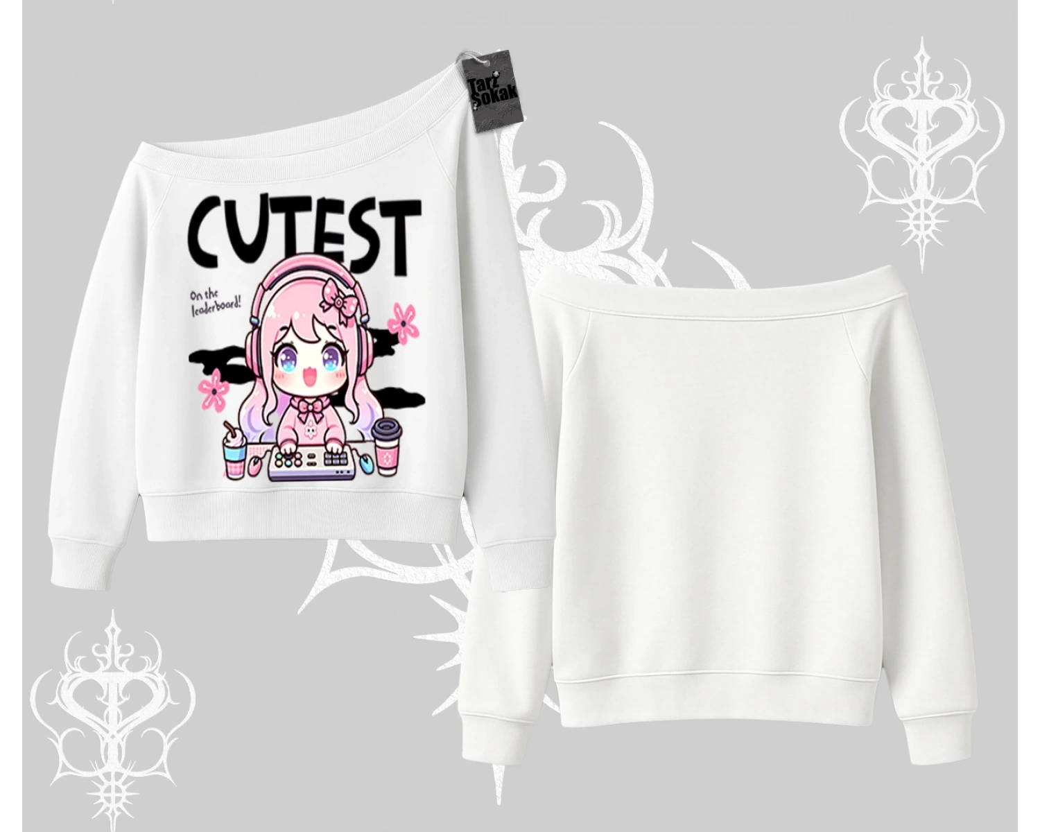 Kayık Yaka Sweatshirt Cute Anime Gamer Girl Baskılı