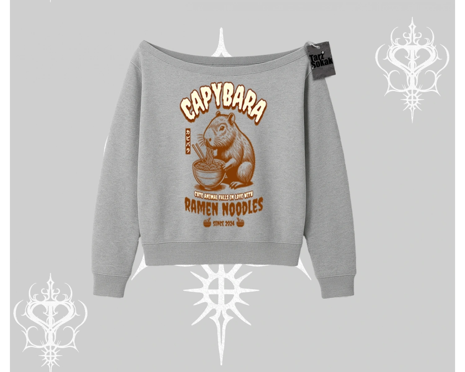 Kayık Yaka Sweatshirt Cute Capybara Enjoying Ramen Noodles Artwork