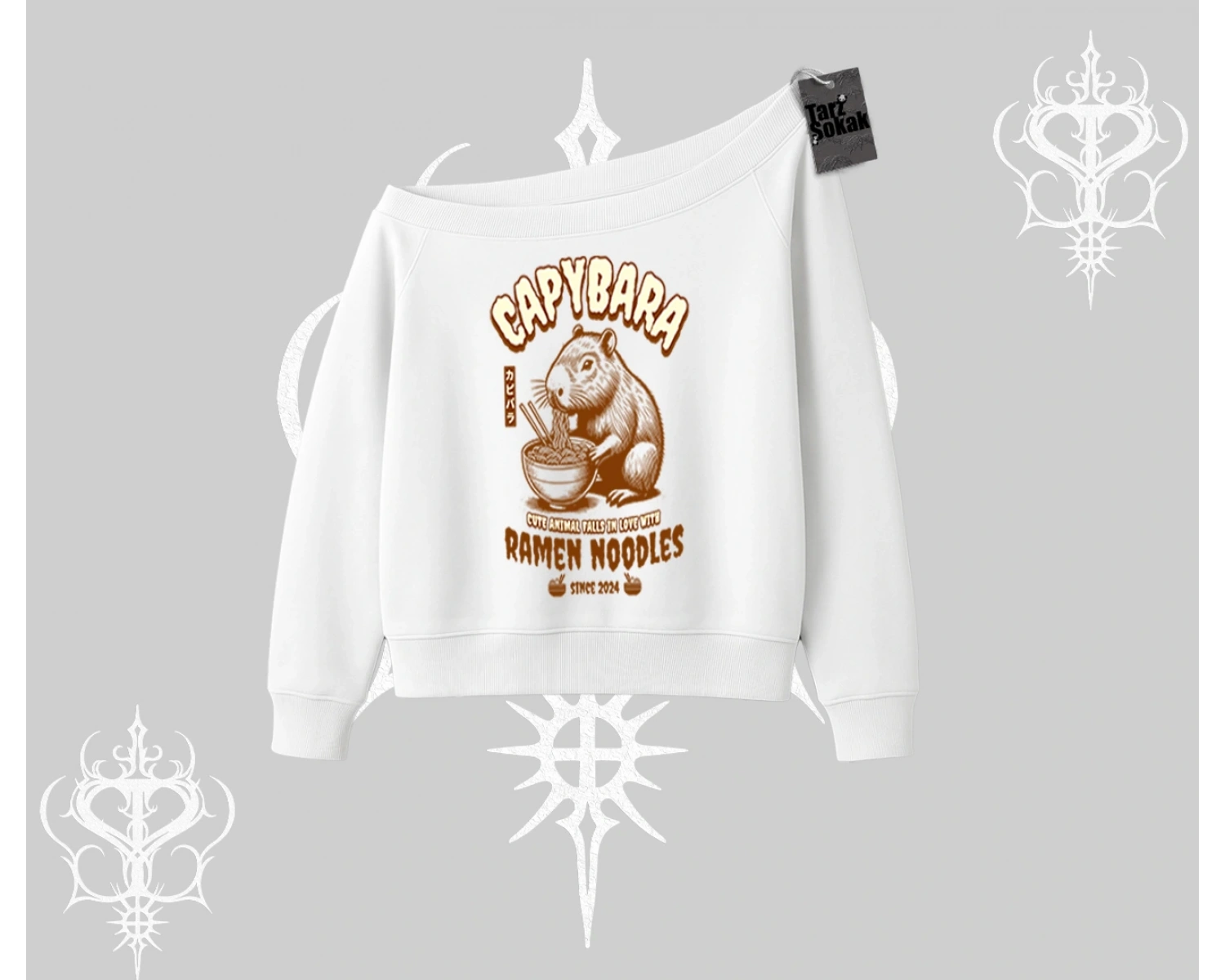 Kayık Yaka Sweatshirt Cute Capybara Enjoying Ramen Noodles Artwork