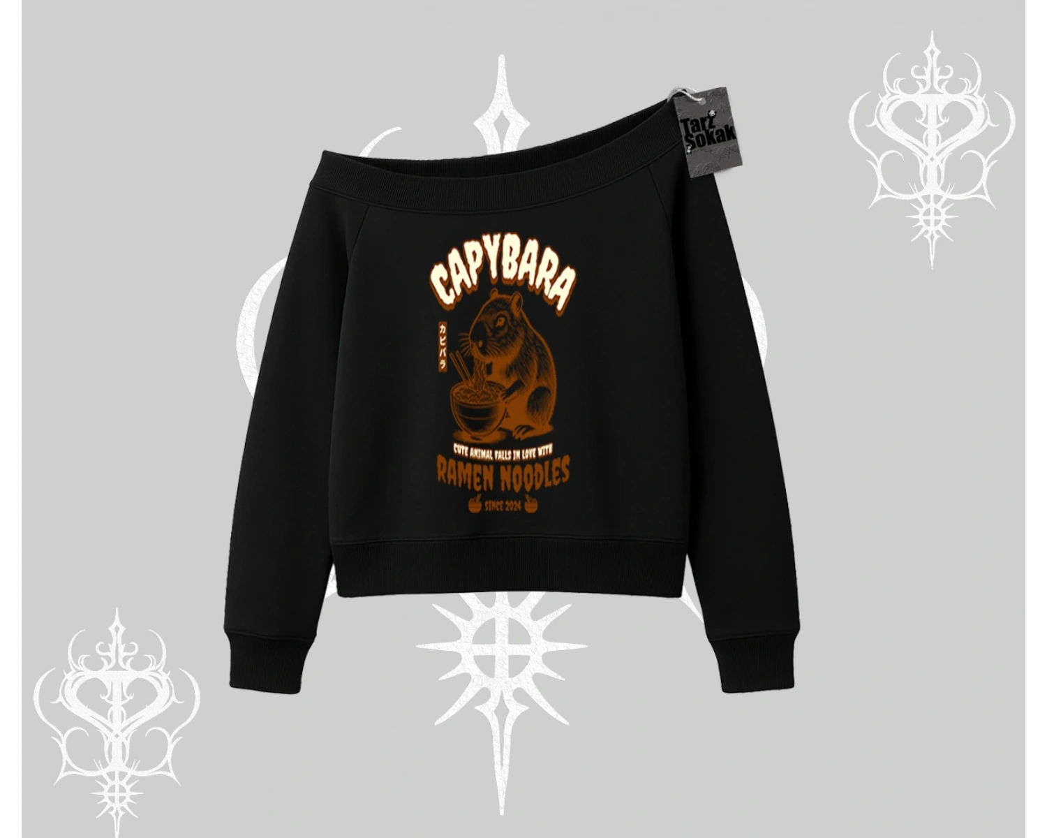 Kayık Yaka Sweatshirt Cute Capybara Enjoying Ramen Noodles Artwork