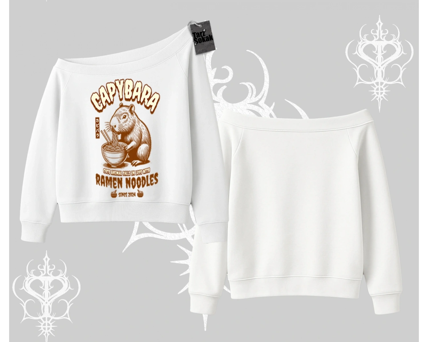 Kayık Yaka Sweatshirt Cute Capybara Enjoying Ramen Noodles Artwork