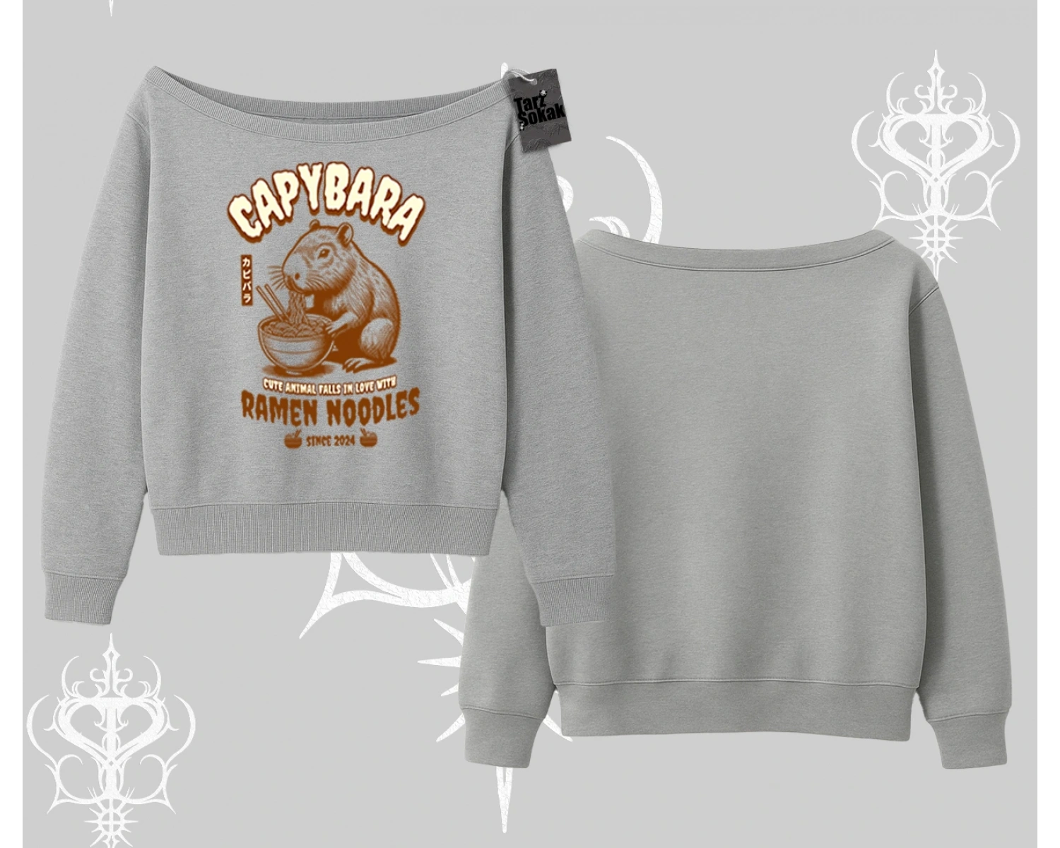 Kayık Yaka Sweatshirt Cute Capybara Enjoying Ramen Noodles Artwork