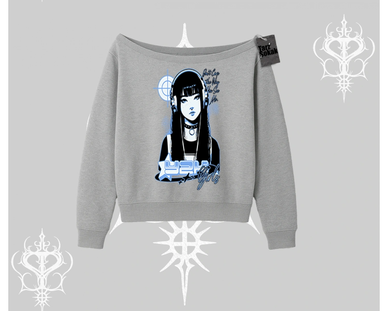 Kayık Yaka Sweatshirt Cyber Y2K Anime Girl Street Sound Aesthetic