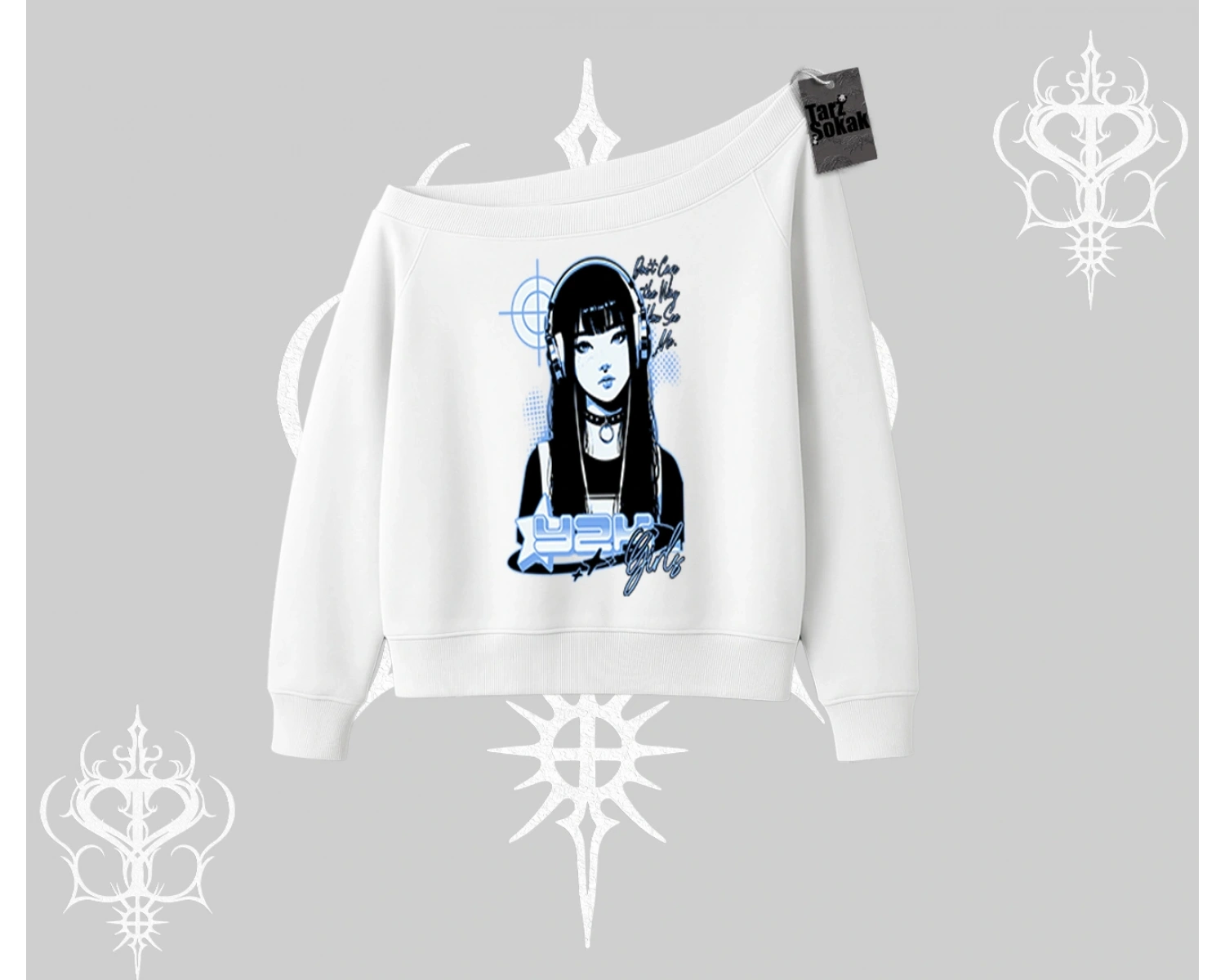 Kayık Yaka Sweatshirt Cyber Y2K Anime Girl Street Sound Aesthetic
