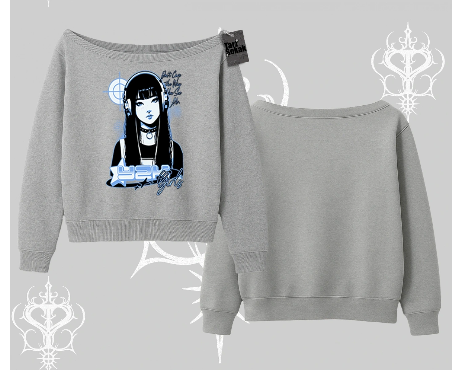 Kayık Yaka Sweatshirt Cyber Y2K Anime Girl Street Sound Aesthetic