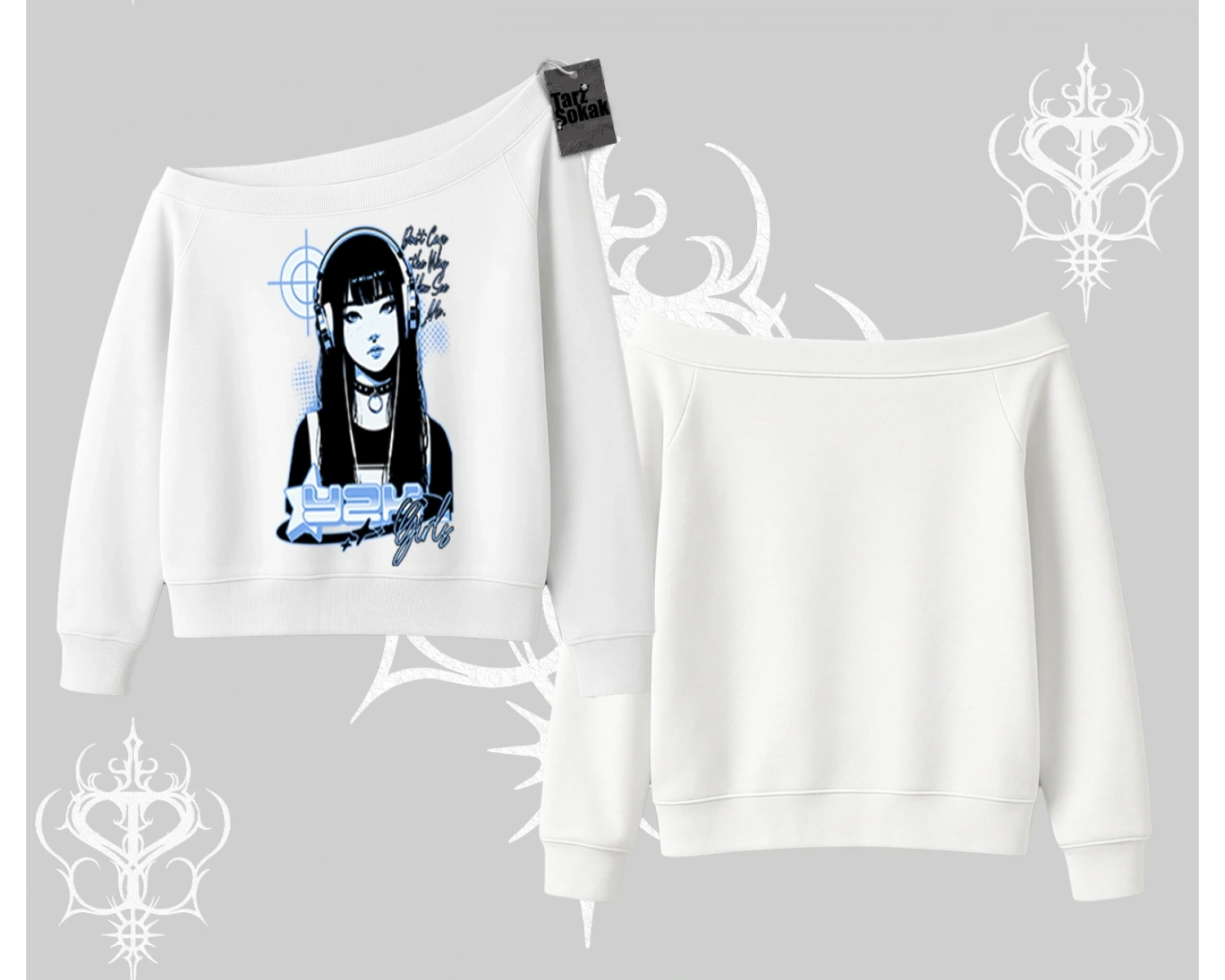 Kayık Yaka Sweatshirt Cyber Y2K Anime Girl Street Sound Aesthetic