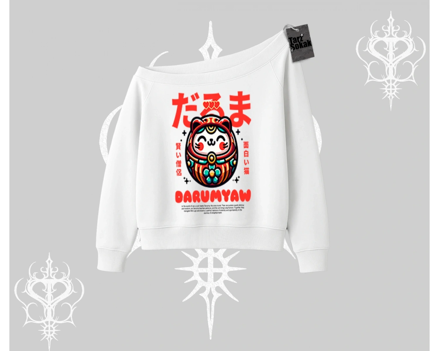 Kayık Yaka Sweatshirt Daruma Kedi Anime Baskılı