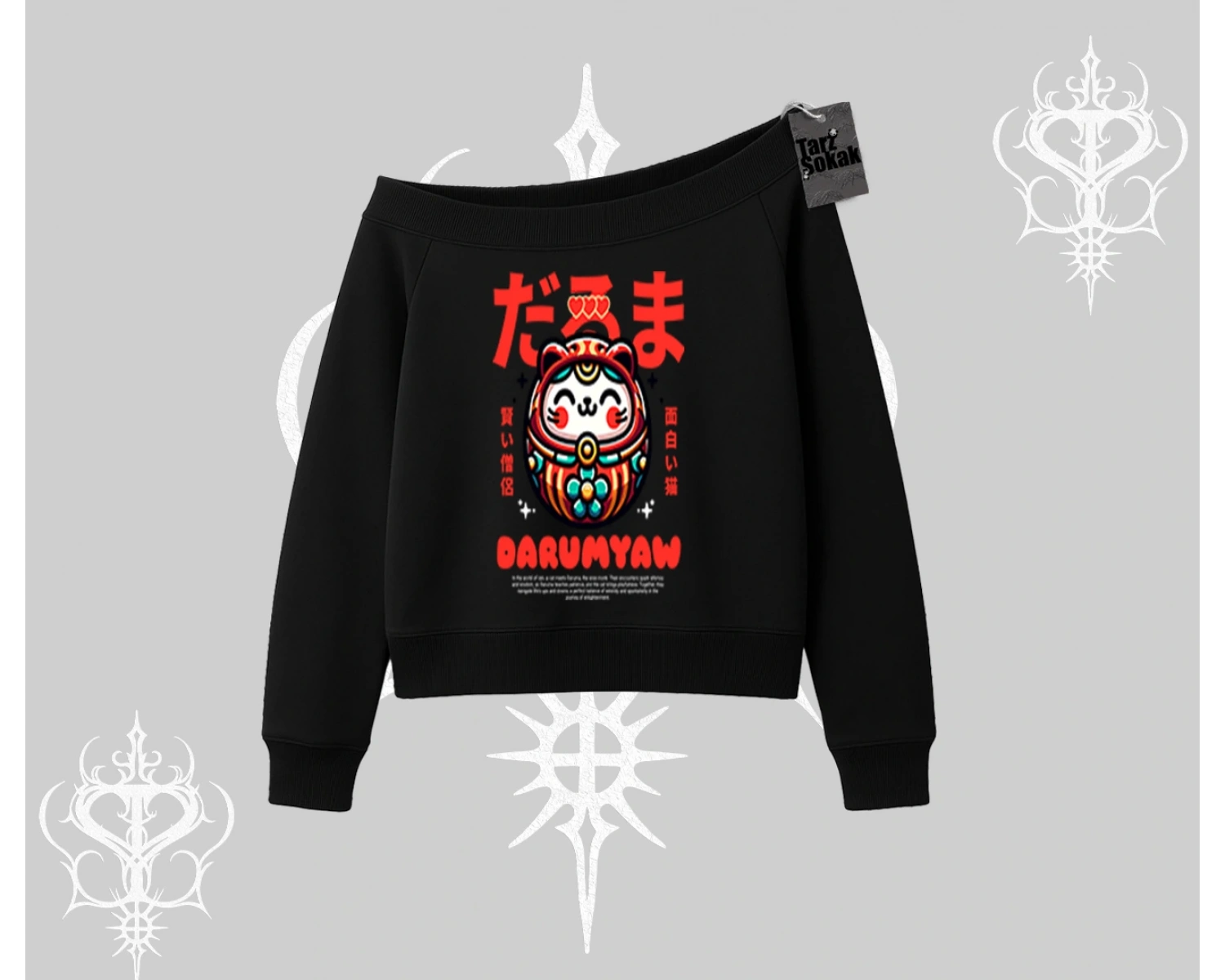 Kayık Yaka Sweatshirt Daruma Kedi Anime Baskılı