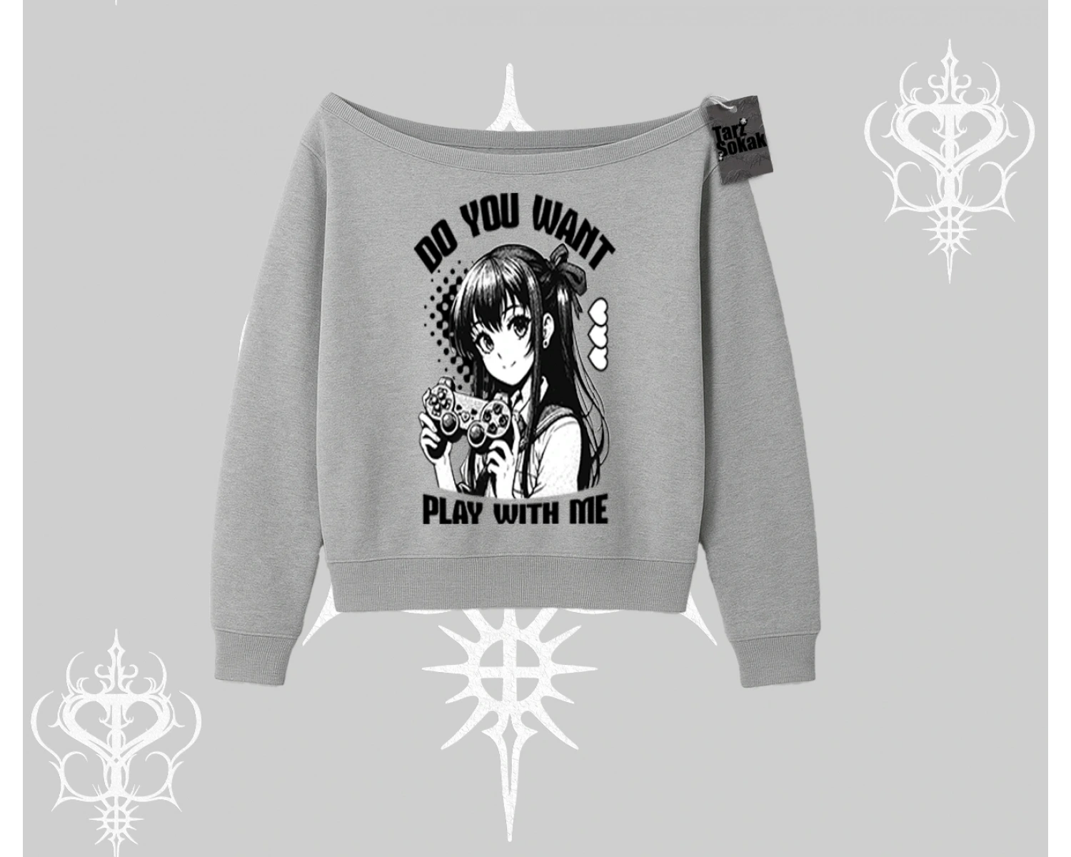 Kayık Yaka Sweatshirt Do You Want Play With Me Anime Kız Baskılı