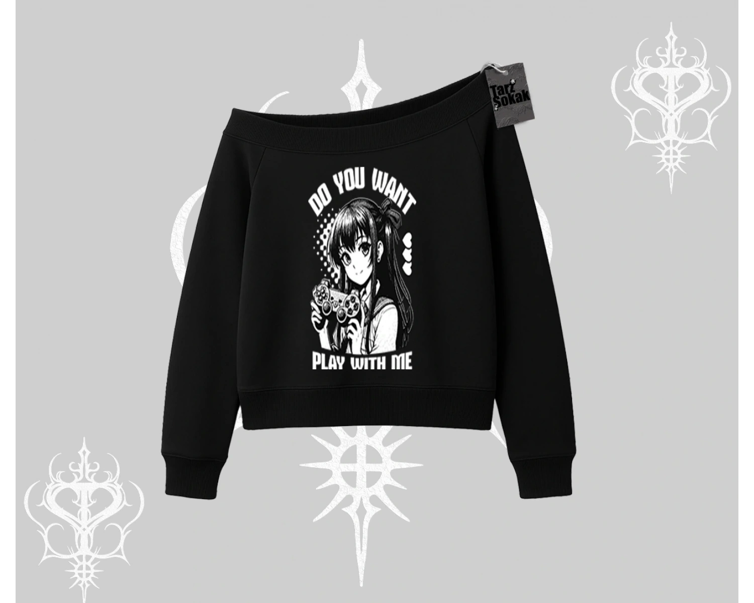 Kayık Yaka Sweatshirt Do You Want Play With Me Anime Kız Baskılı