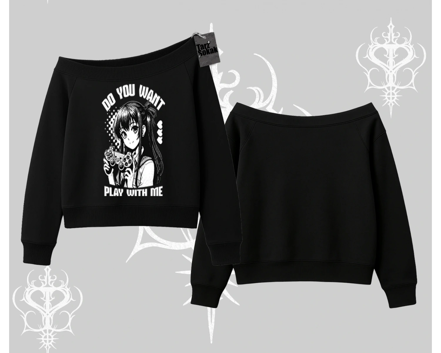 Kayık Yaka Sweatshirt Do You Want Play With Me Anime Kız Baskılı