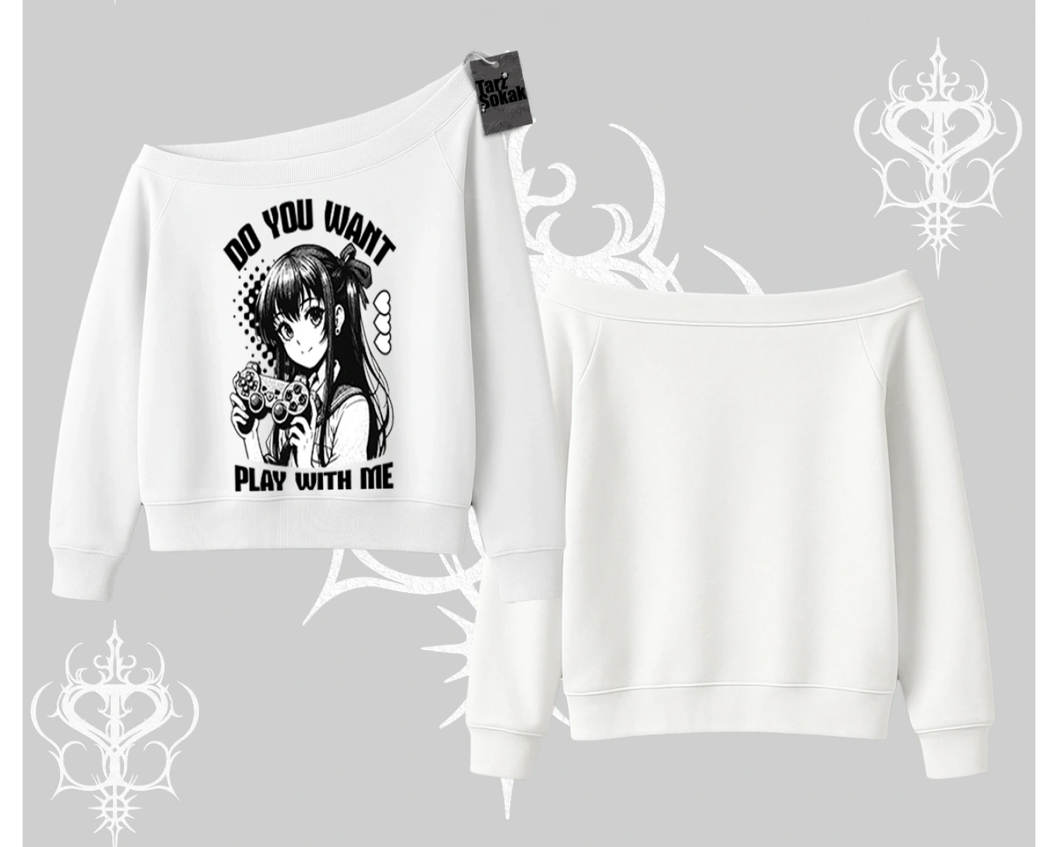 Kayık Yaka Sweatshirt Do You Want Play With Me Anime Kız Baskılı