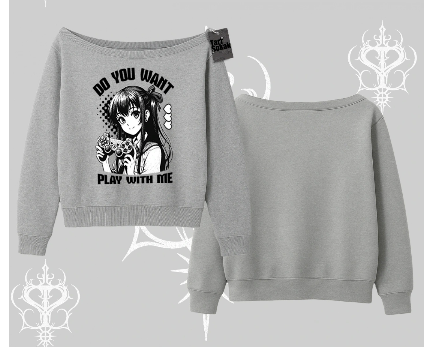 Kayık Yaka Sweatshirt Do You Want Play With Me Anime Kız Baskılı