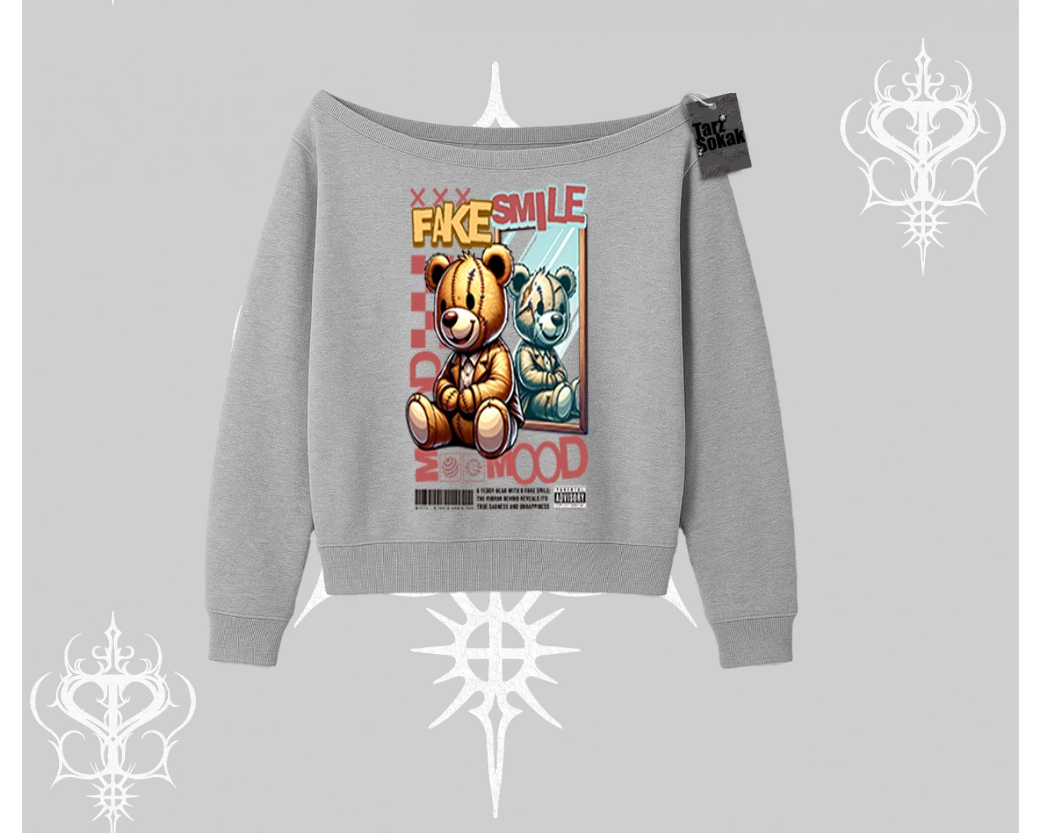 Kayık Yaka Sweatshirt Fake Smile Mood Ayıcık Grafik Baskılı