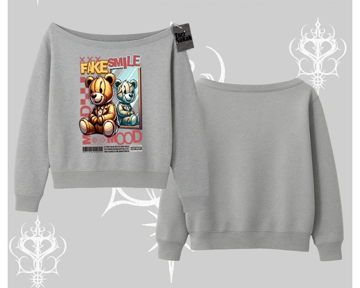 Kayık Yaka Sweatshirt Fake Smile Mood Ayıcık Grafik Baskılı