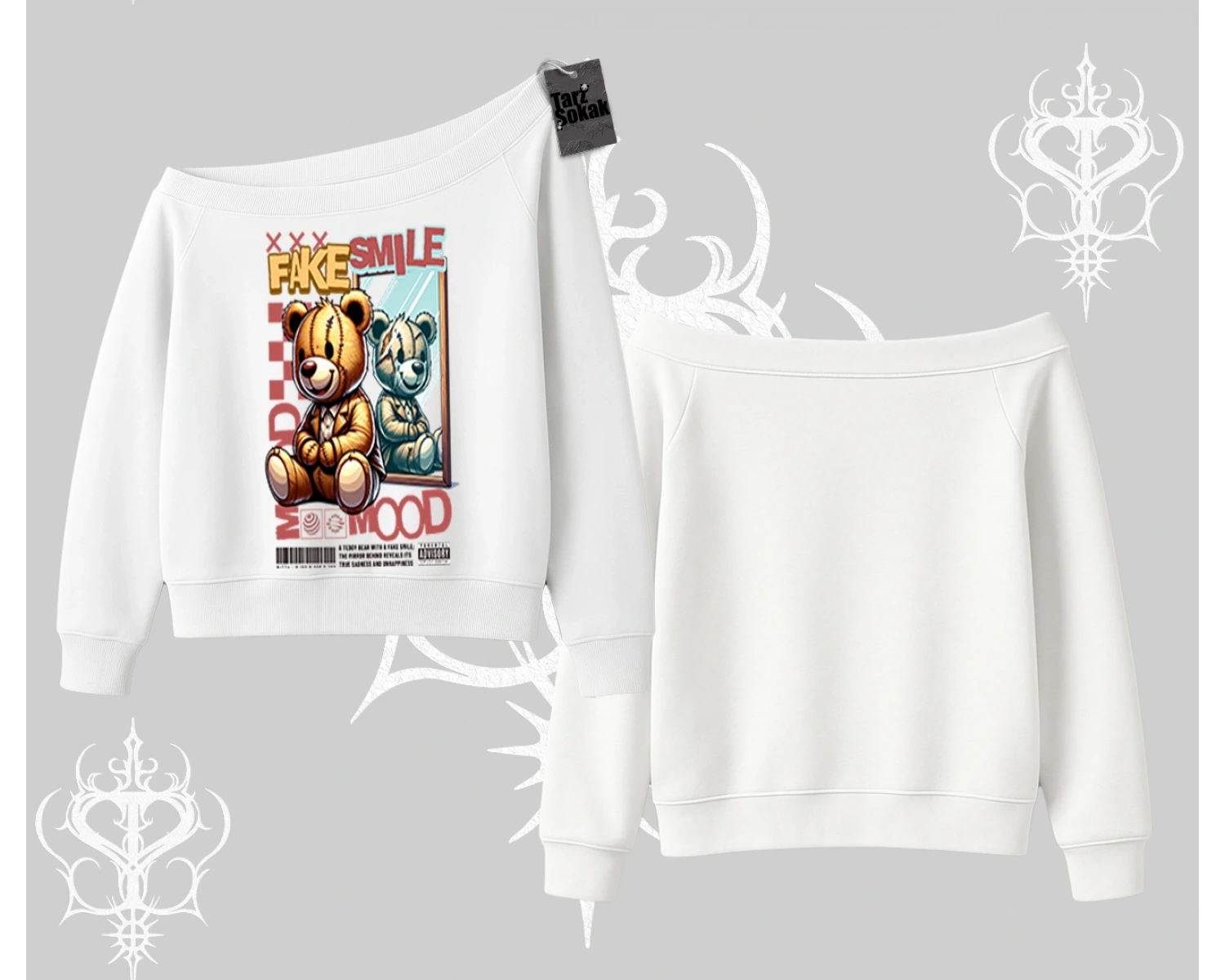 Kayık Yaka Sweatshirt Fake Smile Mood Ayıcık Grafik Baskılı