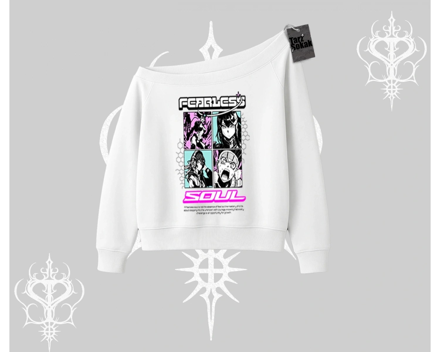 Kayık Yaka Sweatshirt Fearless Soul Anime Kolaj Baskılı