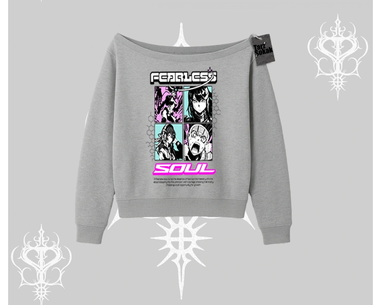 Kayık Yaka Sweatshirt Fearless Soul Anime Kolaj Baskılı