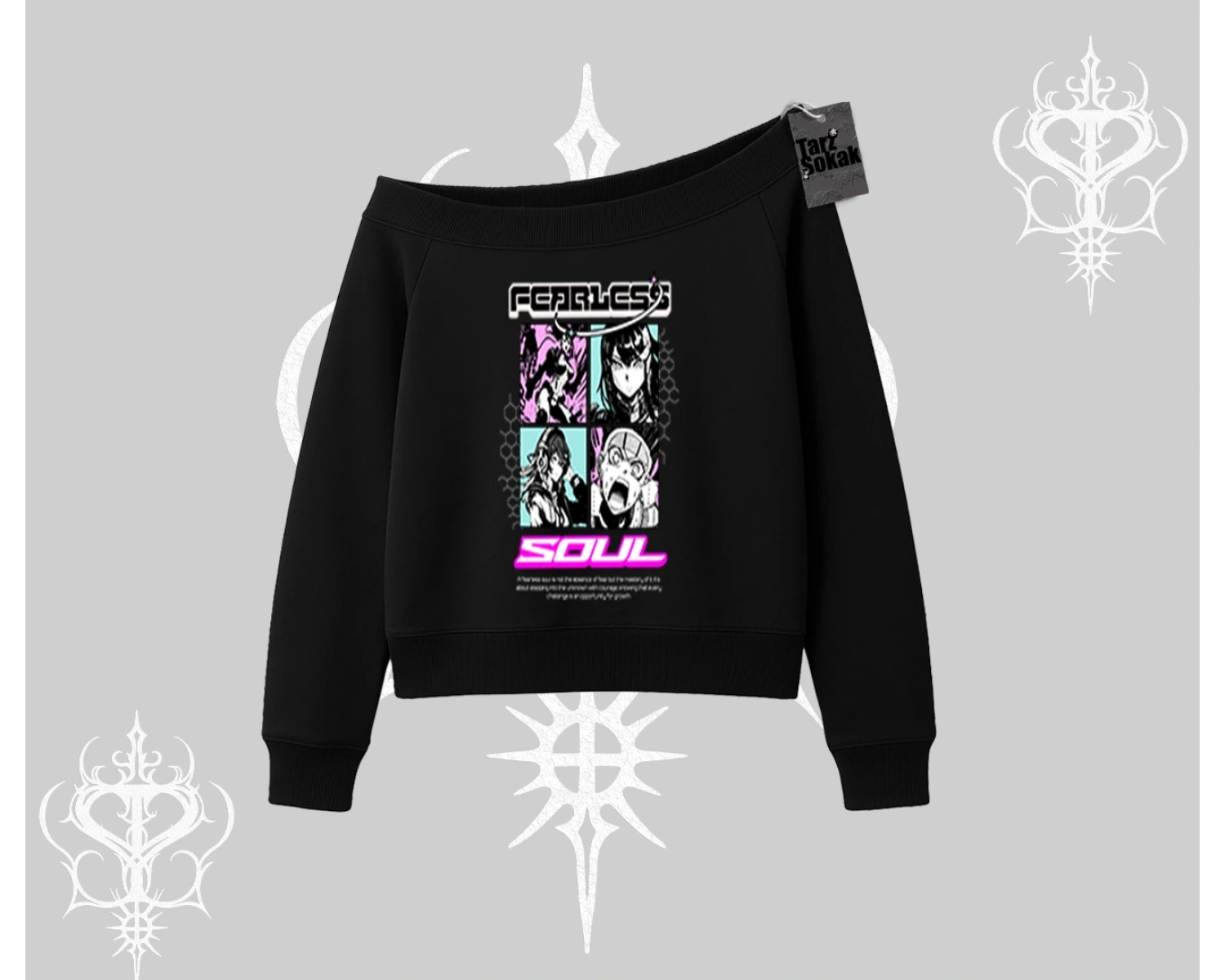 Kayık Yaka Sweatshirt Fearless Soul Anime Kolaj Baskılı